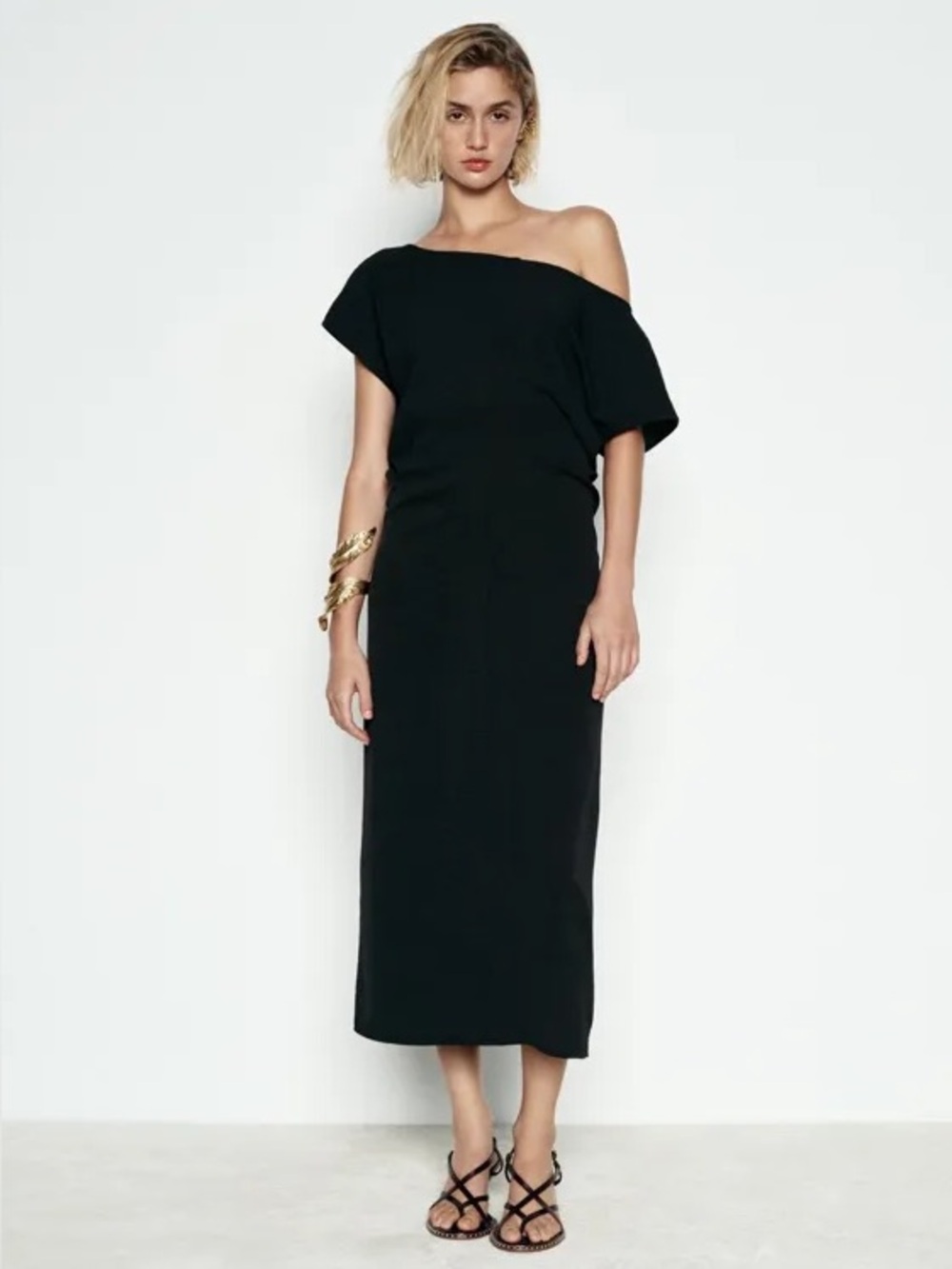ZARA Off-shoulder Black Midi Dress XL NWT